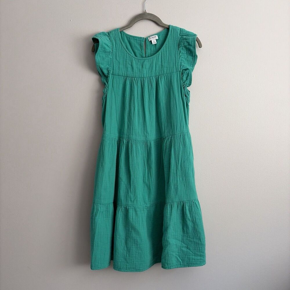 J Crew Womens Green Muslin Gauzy Dress Size 6 Flutter Sleeves 100% Cotton